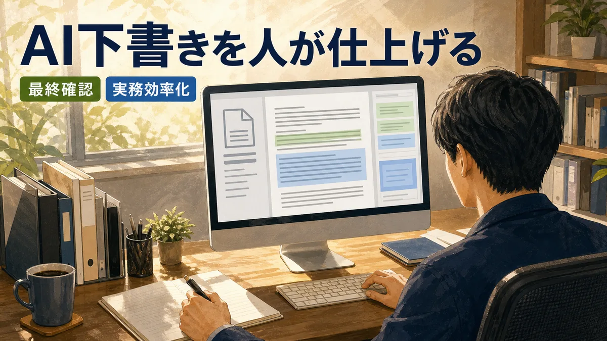 PC画面に表示されたAIのテキスト要約を確認するオフィスの担当者