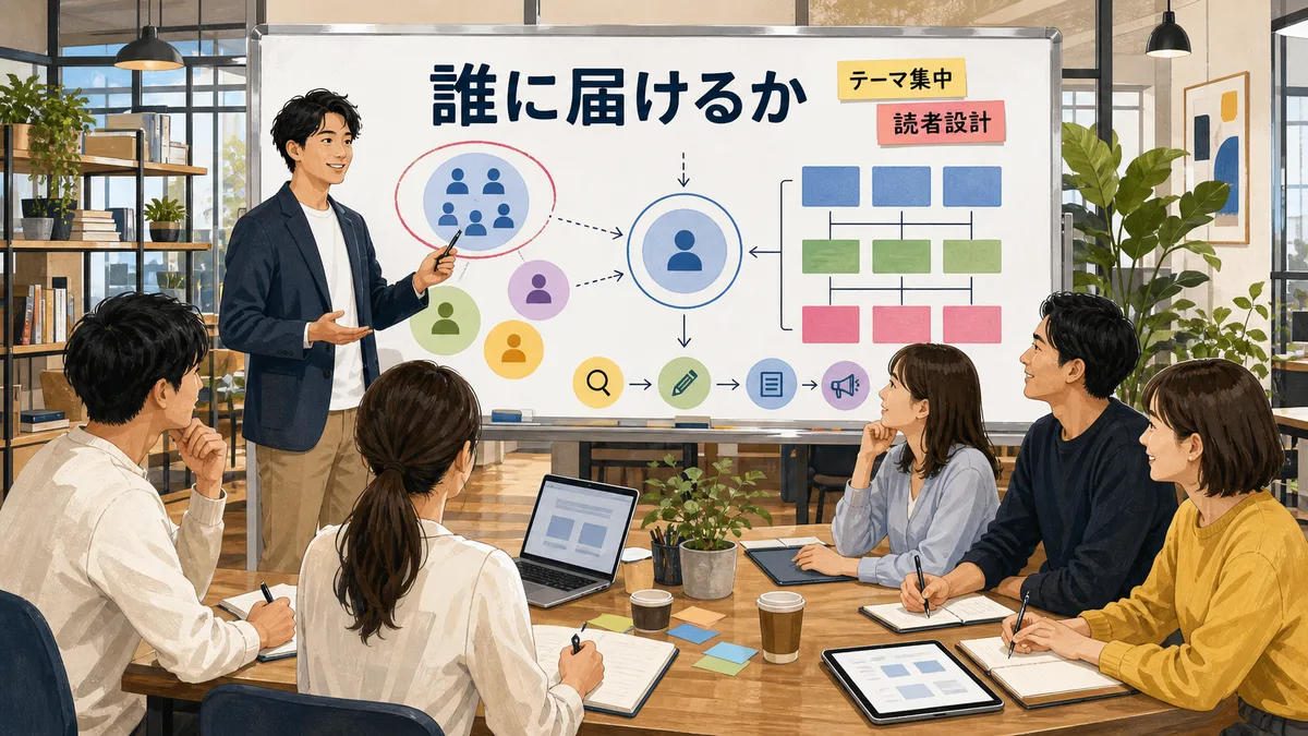 ホワイトボードを前に出版の目的設計を議論する明るいオフィスのチーム