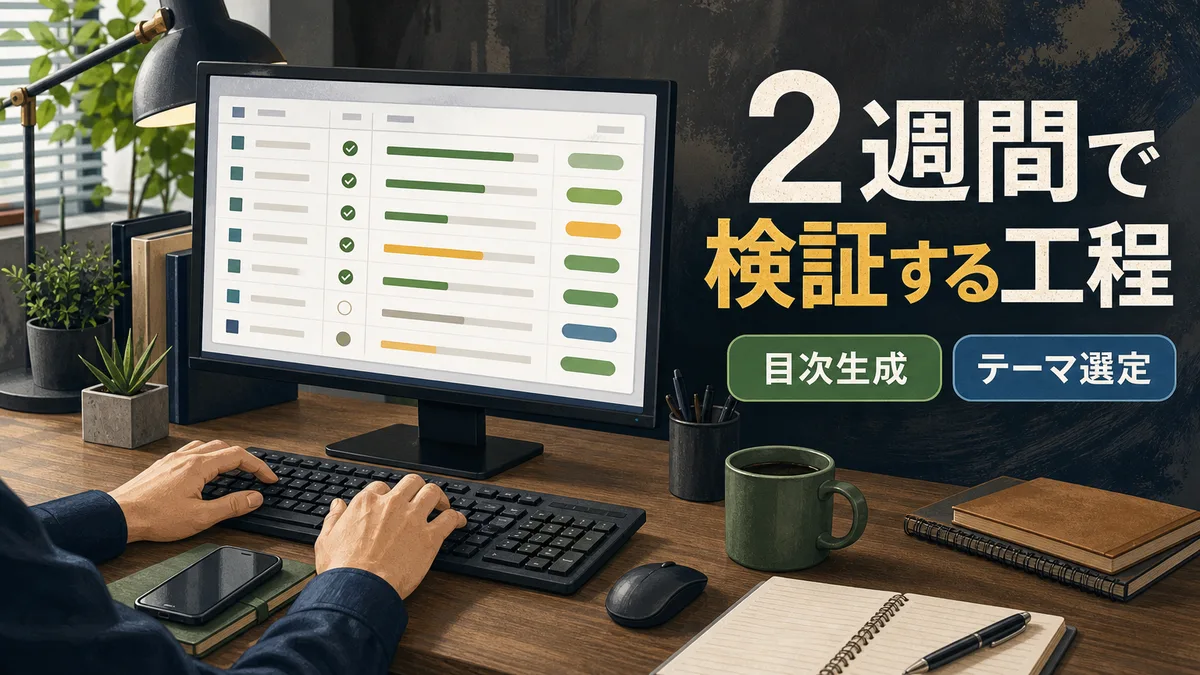 PC画面で最初の2週間の進捗管理表を確認しながら作業する様子