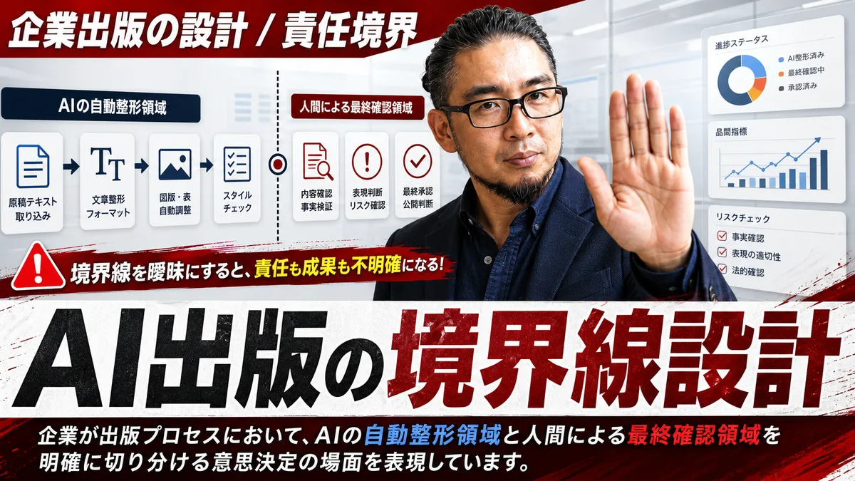 AIの自動整形と人間のファクトチェック領域を明確に切り分けた企業出版のプロセスフロー図