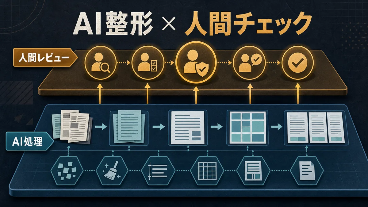 AIの原稿整形レイヤーと人間のファクトチェックレイヤーの役割分担を示す図