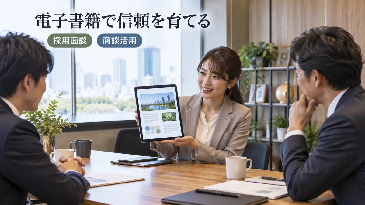 電子書籍をタブレットで提示し求職者へ自社の魅力を伝える採用担当者