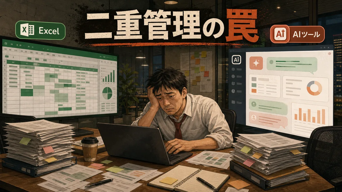 AIツールの導入によりExcelとの二重管理が発生し疲弊する社員のイラスト