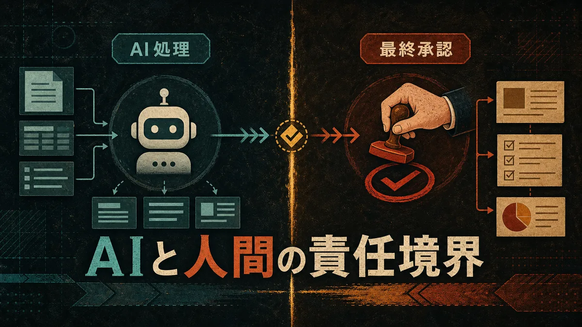 AIの自動処理と人間の最終承認の役割分担を示す責任境界の図解
