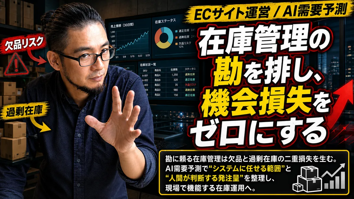 ECサイトの運営オフィスで、パソコンに表示された在庫の需要予測グラフを真剣に確認する担当者の様子。