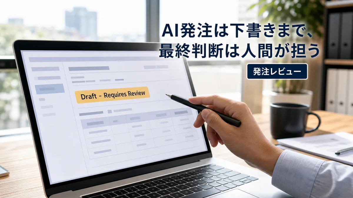 AIが作成した需要予測に基づく発注書の下書きを、人間が最終確認して承認するプロセスのイメージ。