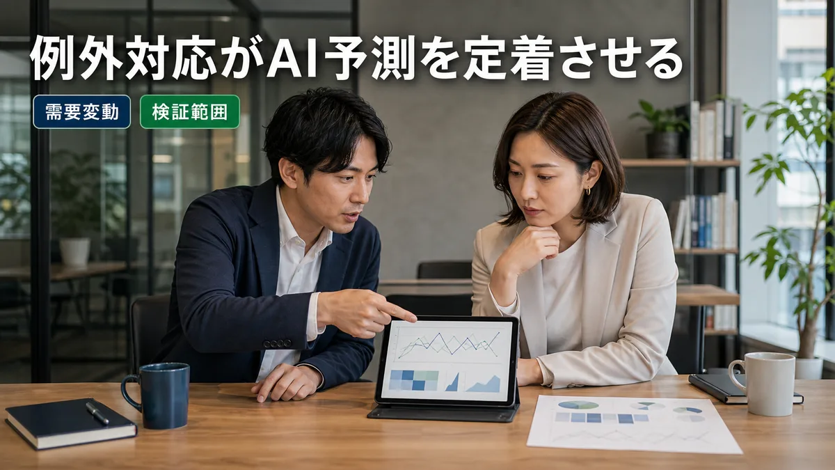 AIの予測データと、販売促進キャンペーンなどの例外要素を照らし合わせて議論するEC運営チーム。