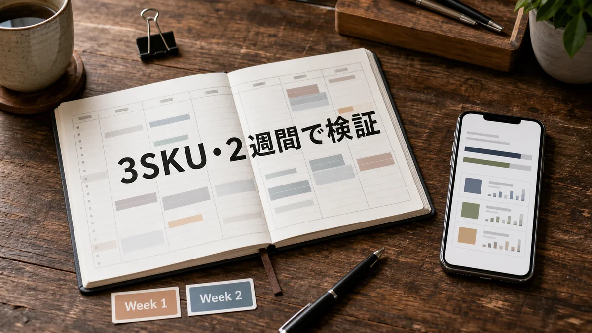 特定の3商品に絞って2週間の需要予測テストを計画している、手元のスケジュール帳とスマートフォンの様子。