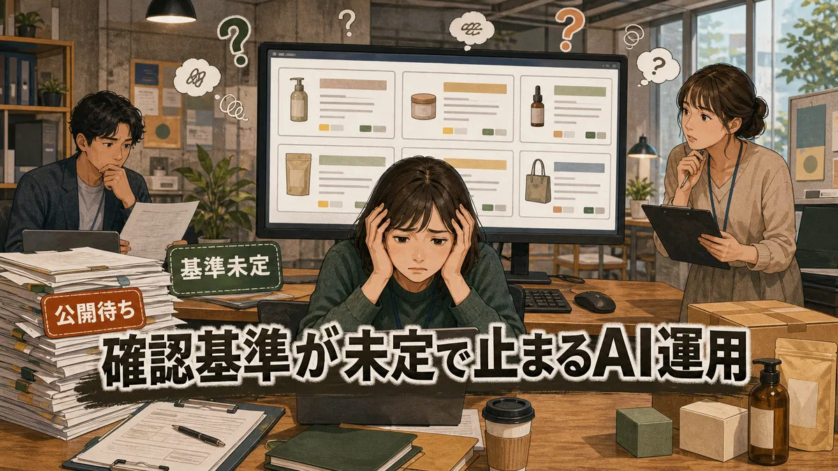 AIで作った商品説明の確認基準が決まらずに困惑するECサイト運営担当者