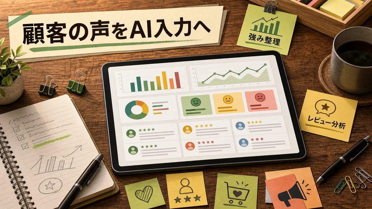 自社商品の強みや顧客レビューを整理してAIのインプットを用意する様子