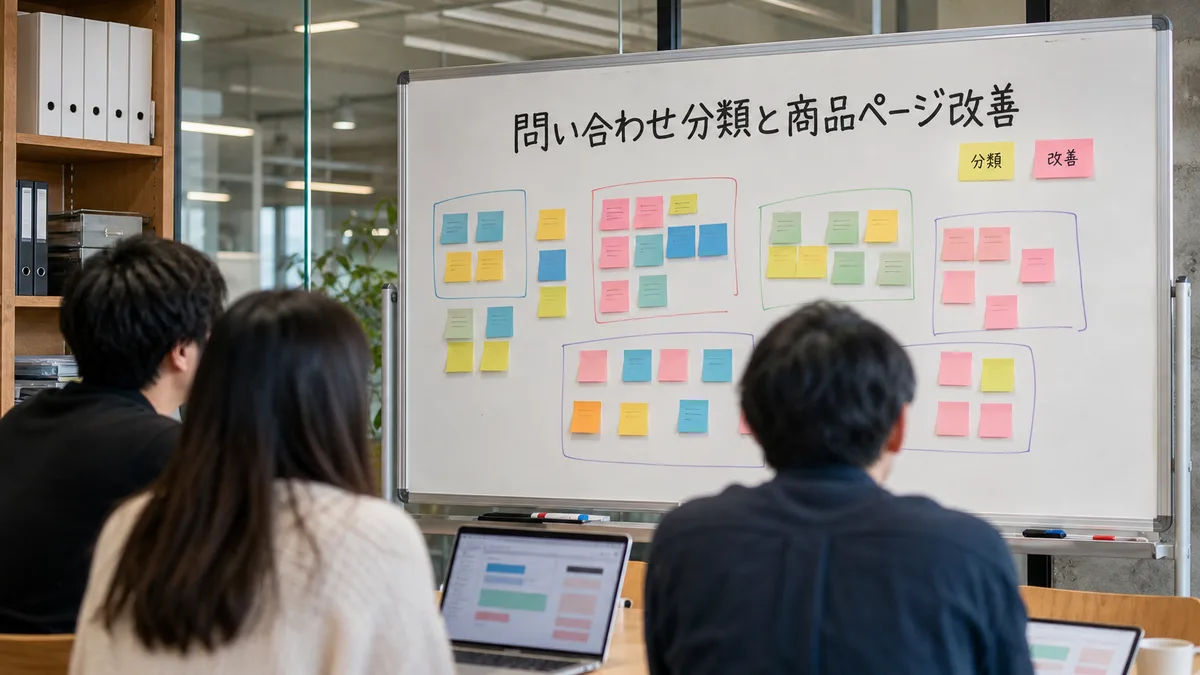 ホワイトボードを使ってECサイトの改善点を議論するスタッフ