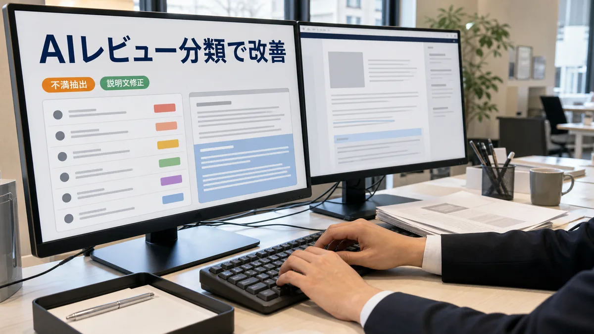 パソコンの画面でAIの分析結果を確認しながら商品情報を修正する様子