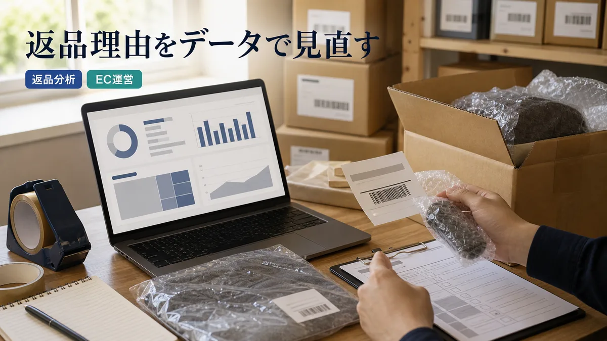 返品された商品を検品しながらパソコンで返品理由を確認するスタッフ