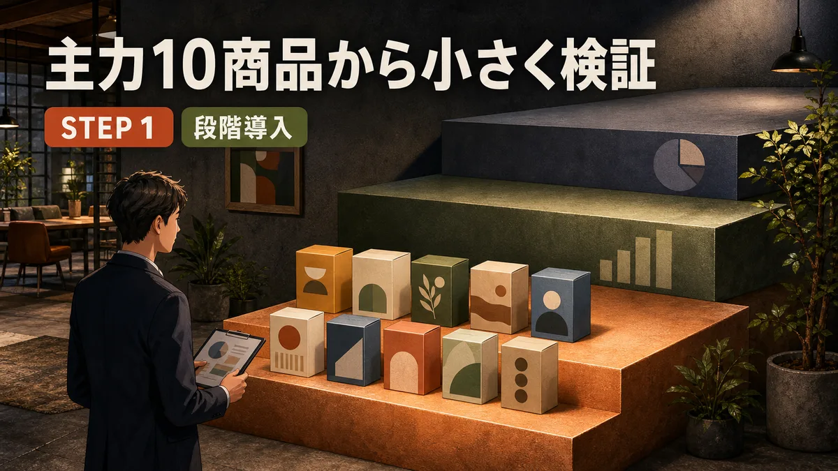 全社一斉導入を避け主力10商品から小さく検証を始める手順のイラスト