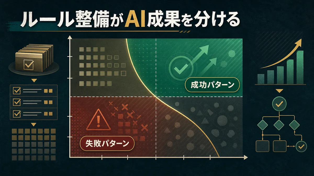 AI導入の成否を分けるルール整備 of 有無と定着率の関係を示すマトリクス図
