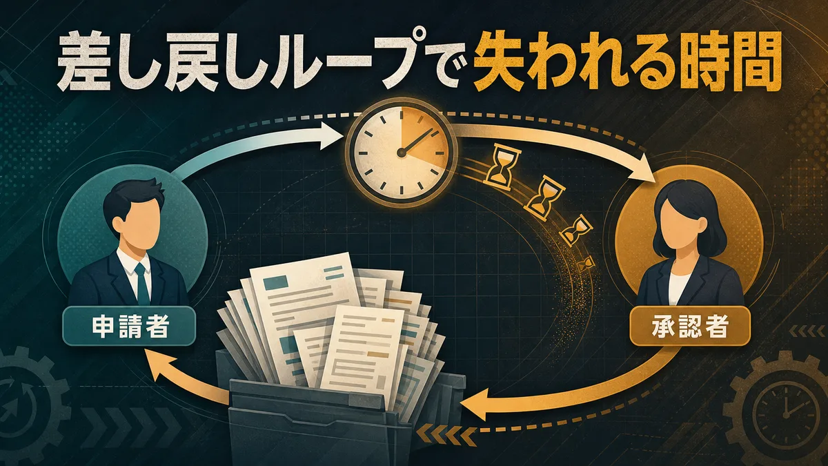 経費精算の差し戻しによって発生する確認の往復と時間損失を示すプロセスフロー図