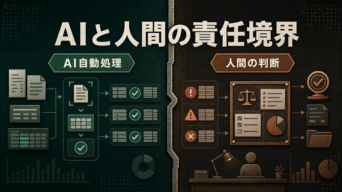 経費精算におけるAIの自動処理領域と人間の責任判断領域の境界を示す役割分担図