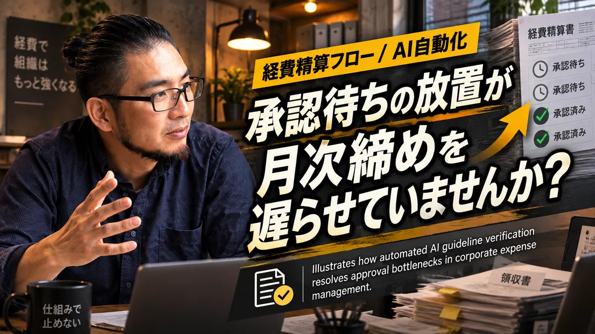 経費精算の承認待ち滞留とAI規程照合による自動化プロセスを示すフロー図