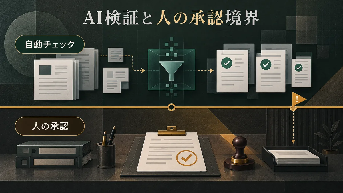 AIの規程照合機能と人間が担う例外承認の責任境界を示す概念図