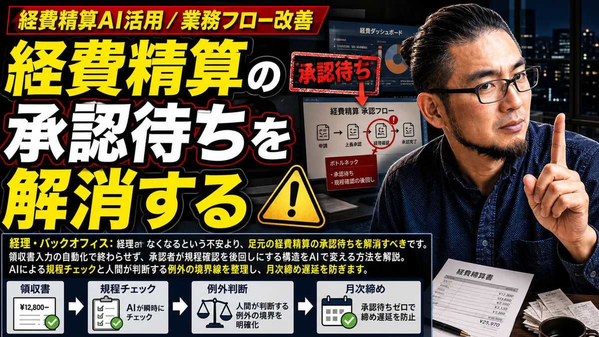 経費精算の承認待ちを解消するためのAI活用と業務フローのイラスト