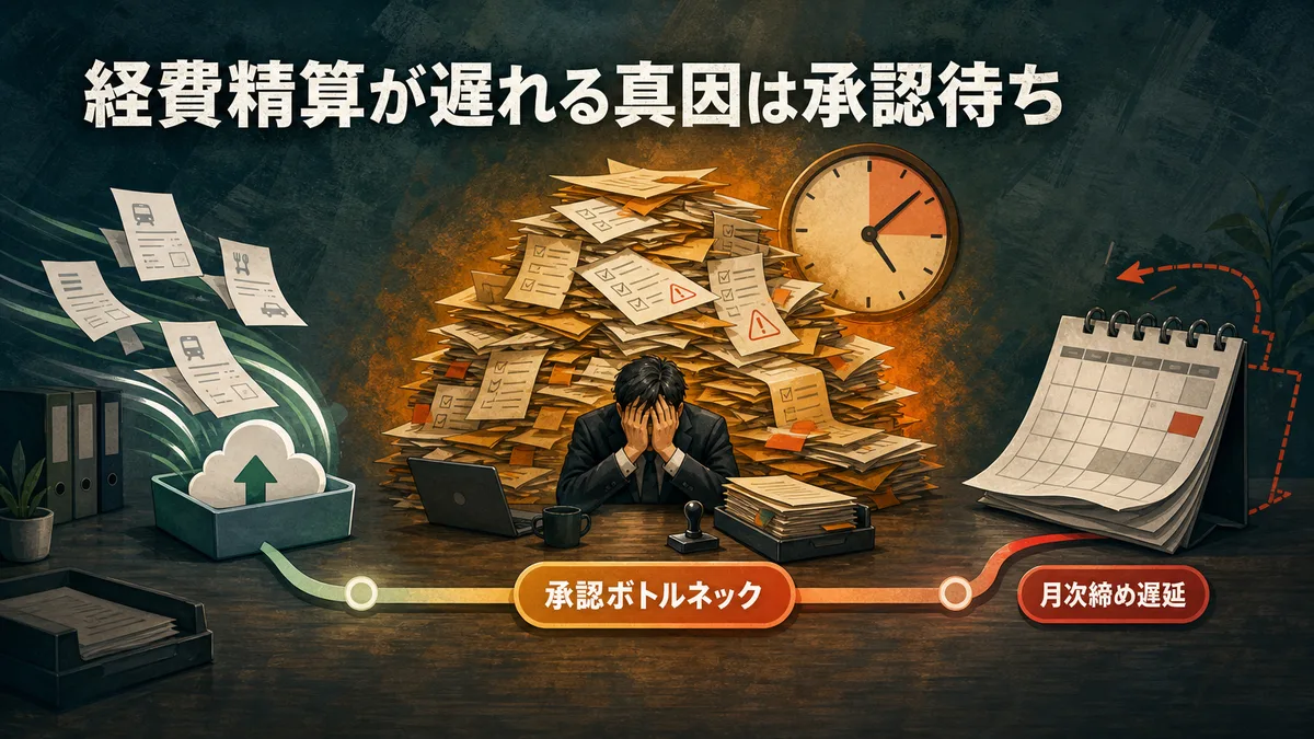 経費精算プロセスにおける承認待ちのボトルネックを示すイラスト
