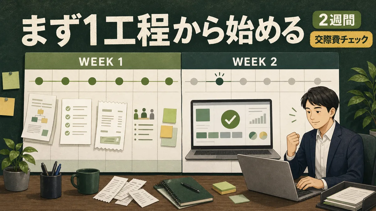 特定のルール1つから小さく始める2週間の導入手順を示すイラスト