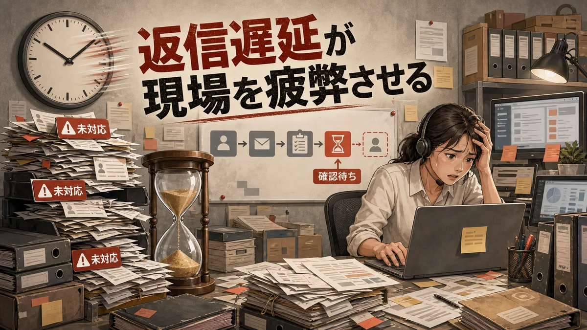 古いFAQの確認に追われ返信遅延が発生しているサポート現場のイラスト