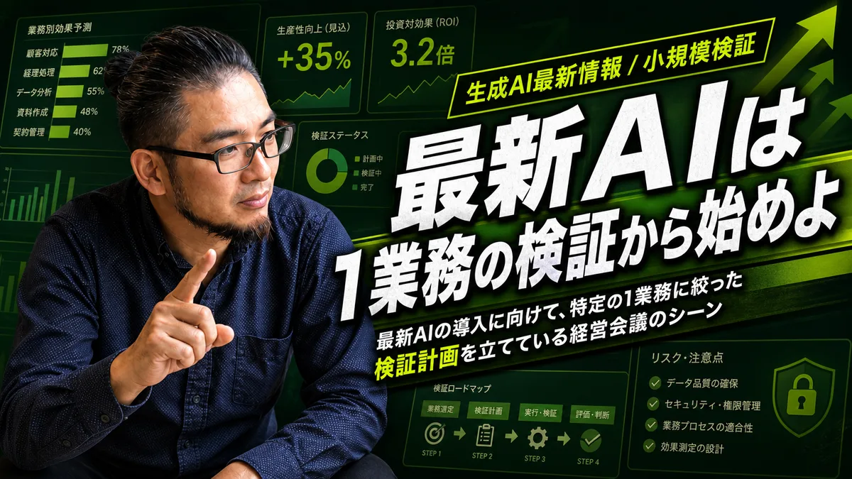 ミーティングスペースでAIの小規模検証について話し合う経営者と担当者