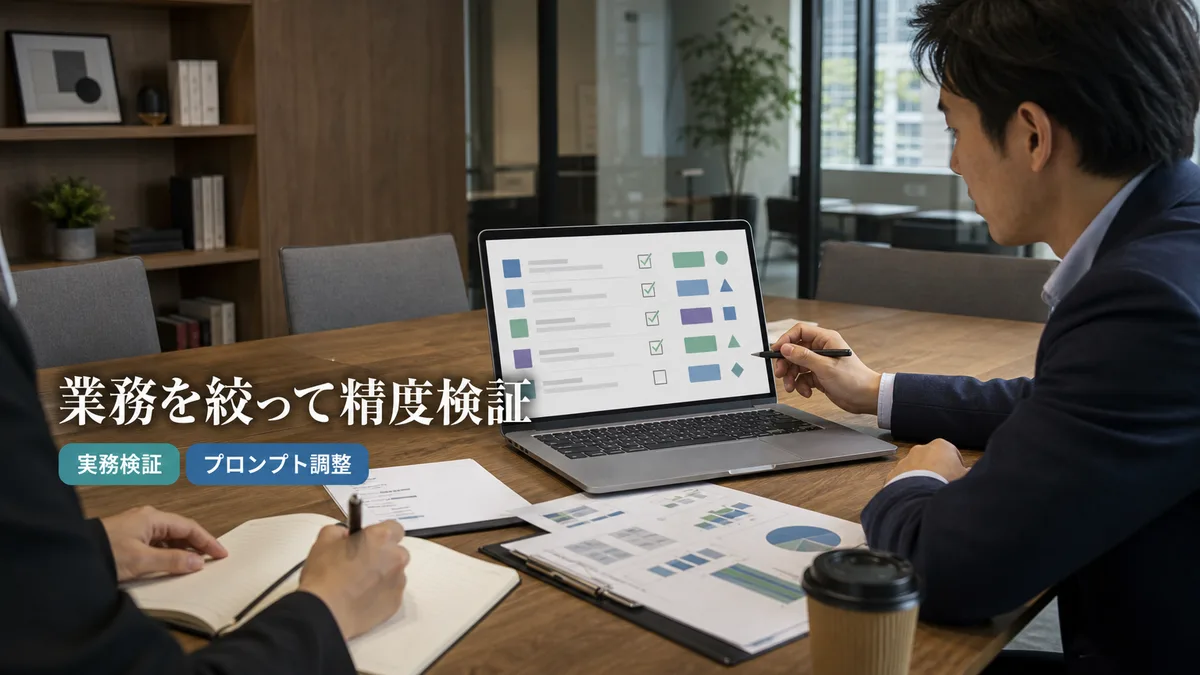 オフィスの会議室でノートパソコンを使いAIの評価項目を整理する担当者