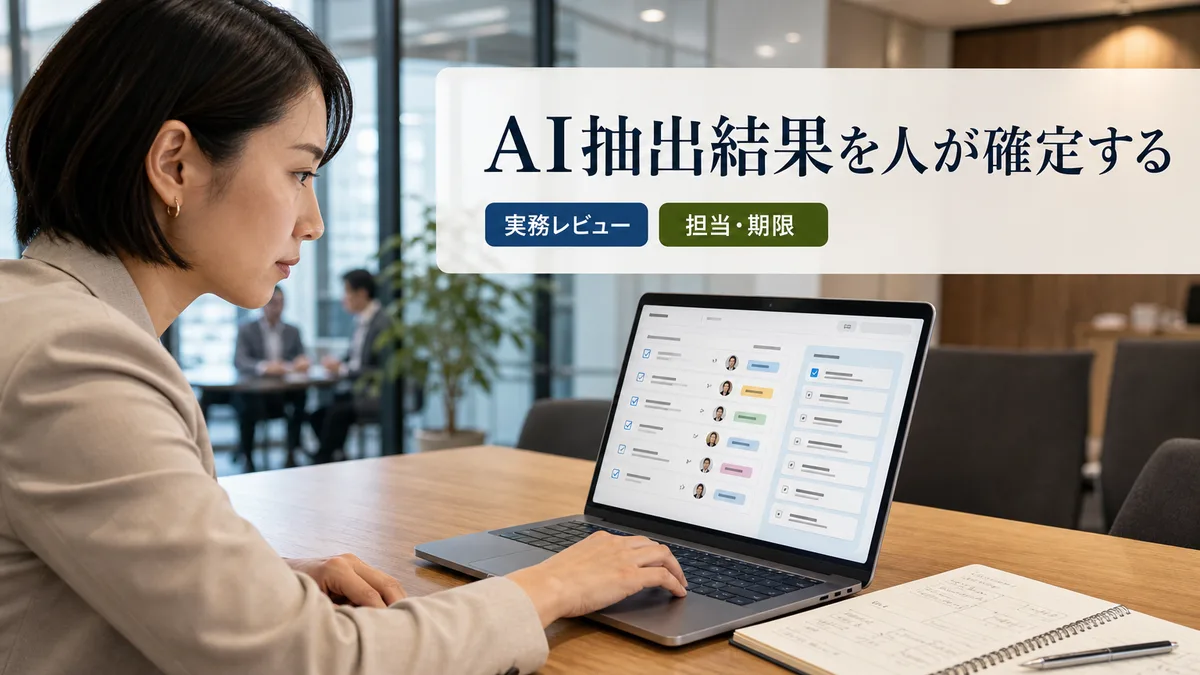 会議室でAIの要約結果をレビューし決定事項の担当者を確定させる女性マネージャー