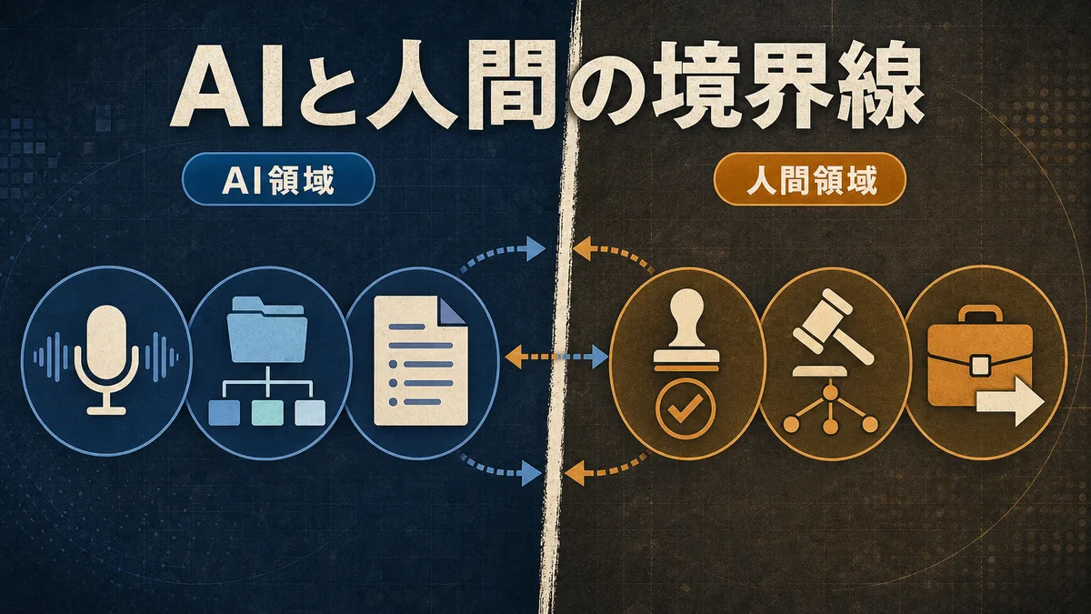 AI議事録の自動要約と人間の最終判断の責任境界を示す図