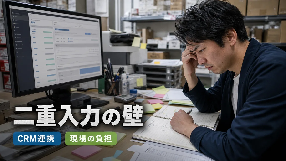 CRMシステムと紙のノートの間で二重入力に悩むオフィス従業員