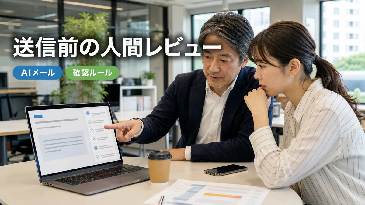ノートパソコンの画面でAIが作成した下書きを共同で確認する二人の社員