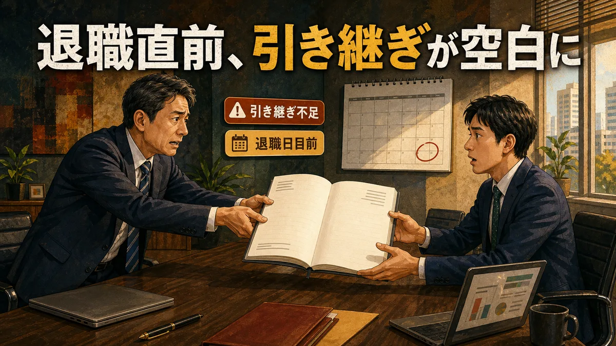 退職直前に空白に近い引き継ぎノートを手渡す担当者と困惑する後任者のイラスト