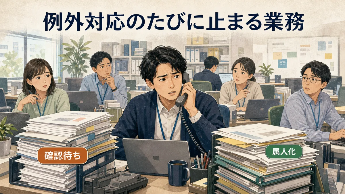 例外対応を電話で確認する担当者と手を止める周囲の同僚のオフィスシーンイラスト