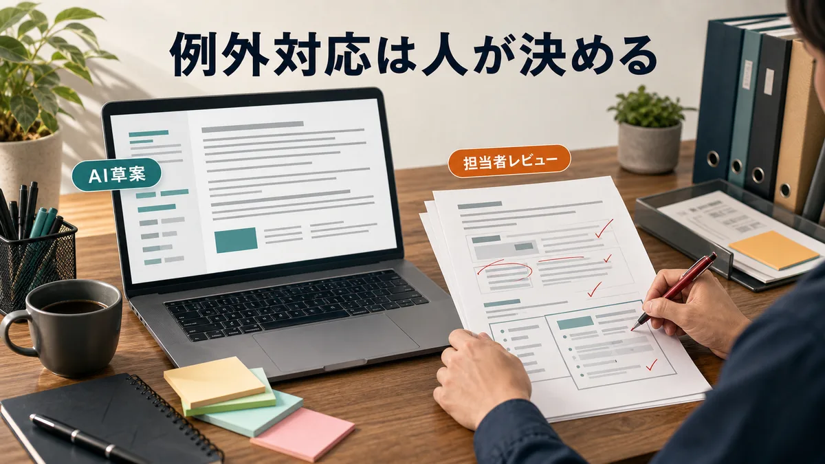 AI生成の手順書草案に担当者が手書きで例外対応基準を追記しているデスクシーンイラスト