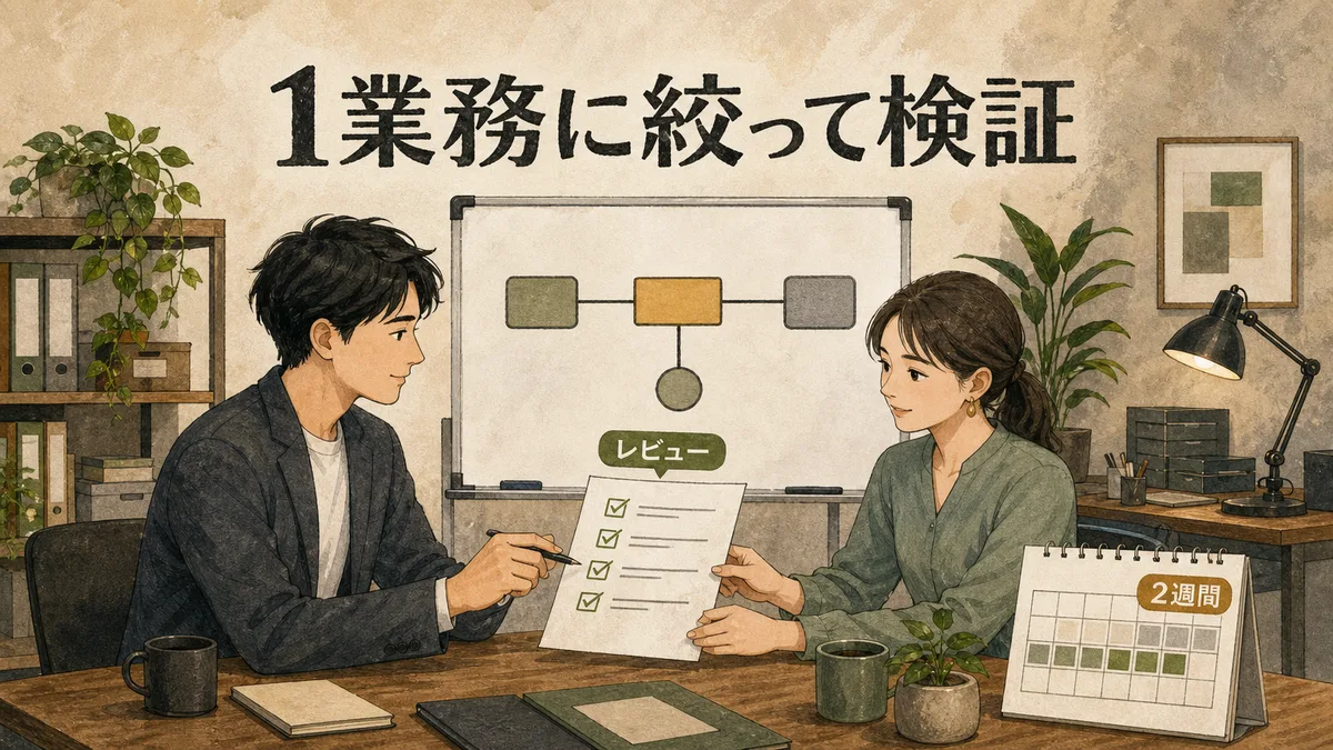 1業務のフローをホワイトボードに書き出し2人でチェックリストを確認するオフィスのイラスト