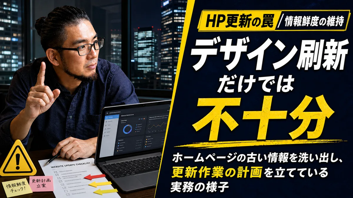 オフィスの会議室で古い料金表の紙資料を確認しながらホームページの更新計画を立てる女性社員