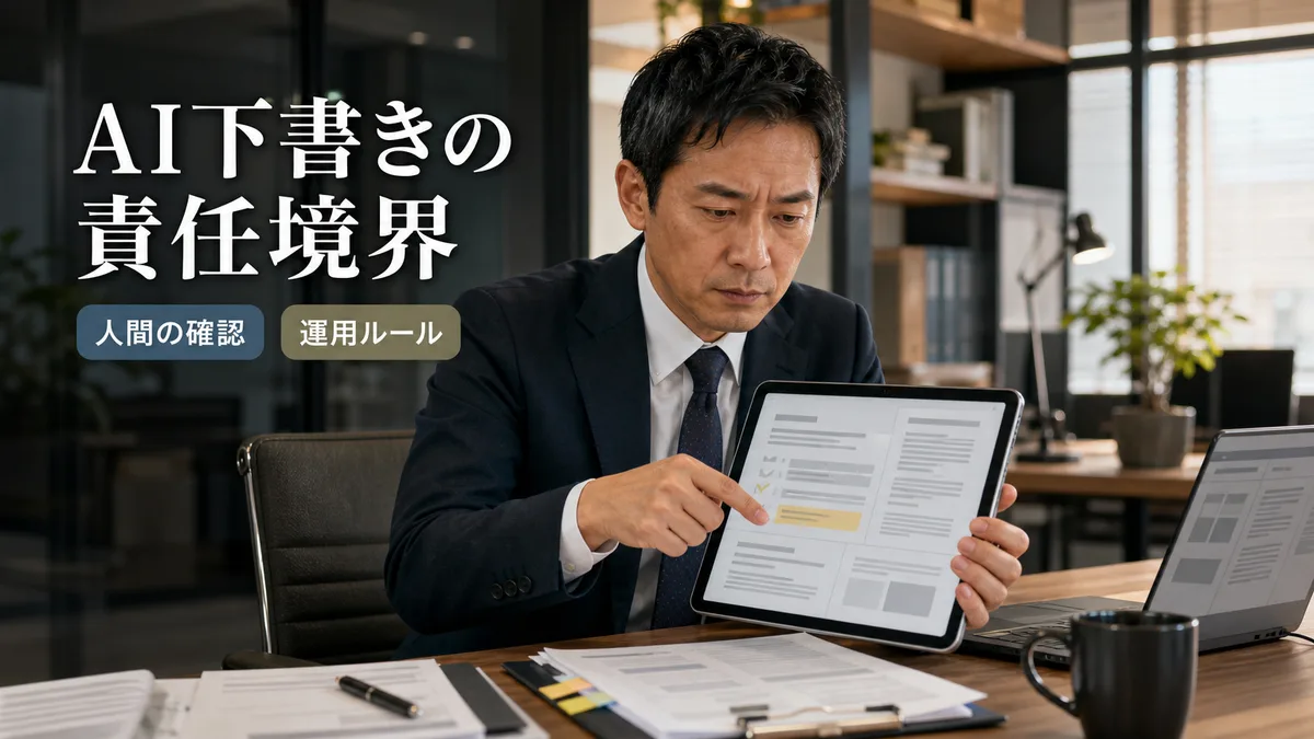 AIが生成したホームページ用の規約下書きをタブレットで厳格にチェックするマネージャー