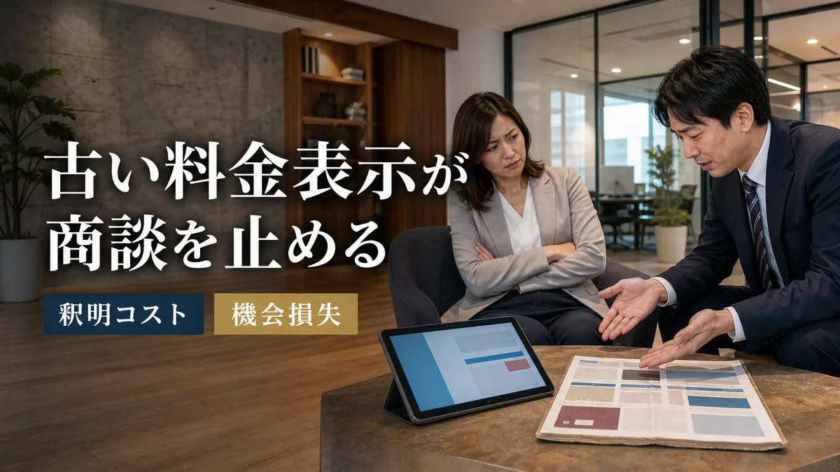 ホームページの古い料金表記について商談の場で顧客に釈明する営業担当者