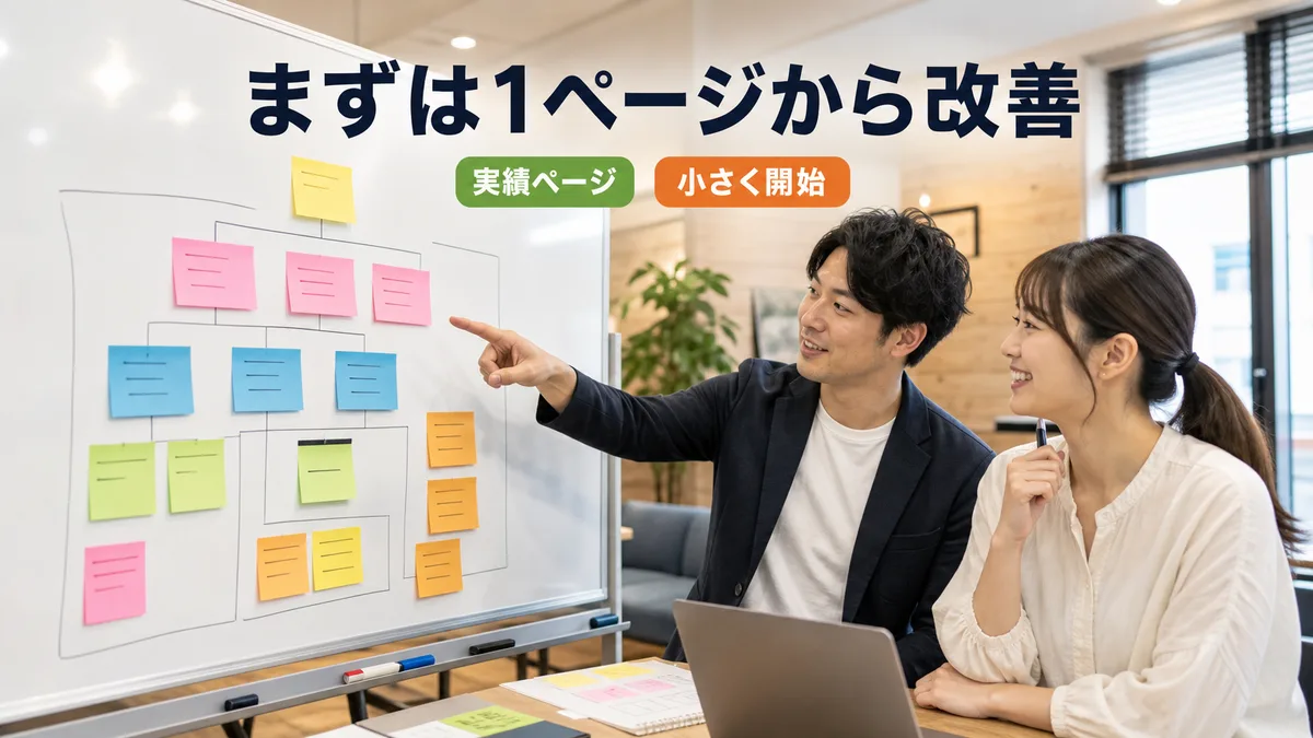 ホワイトボードの前で1つの実績ページの更新計画を練るプロジェクトメンバー