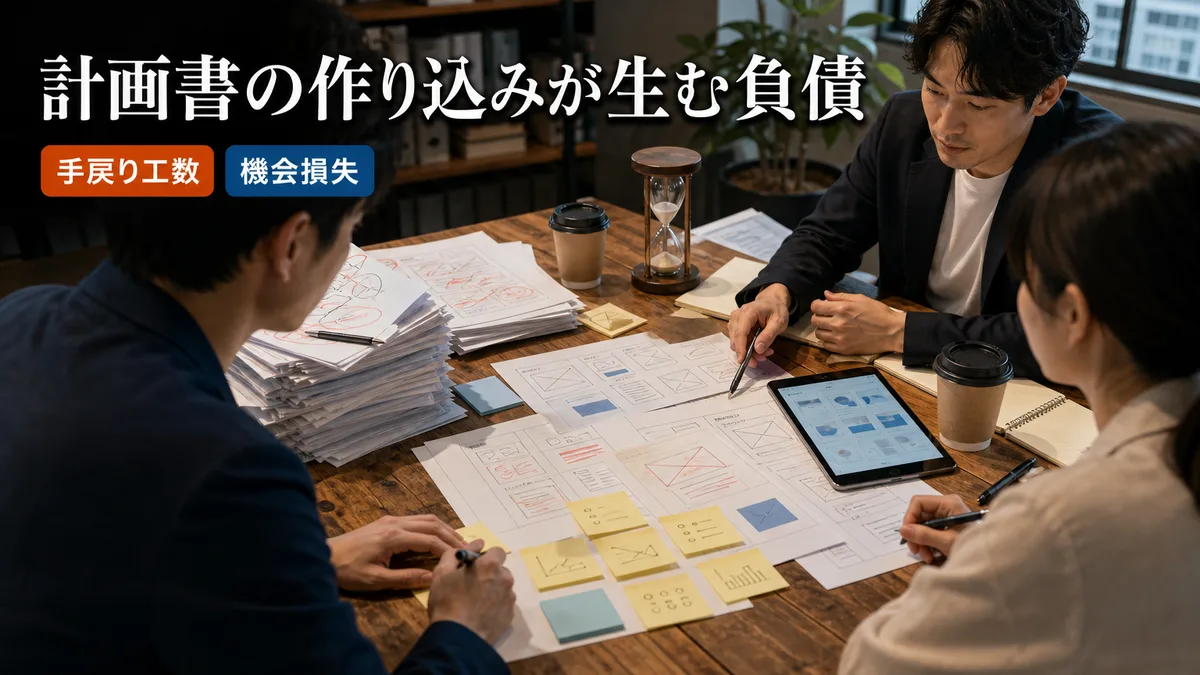 木製のテーブルを囲み、ペーパープロトタイプと付箋を使って仮説検証の項目を整理するチーム