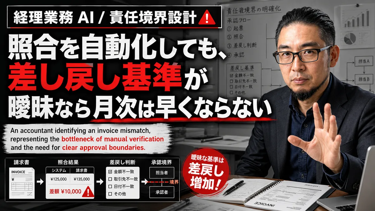 オフィスのデスクで未処理の請求書とタブレットの警告画面を確認する経理担当者