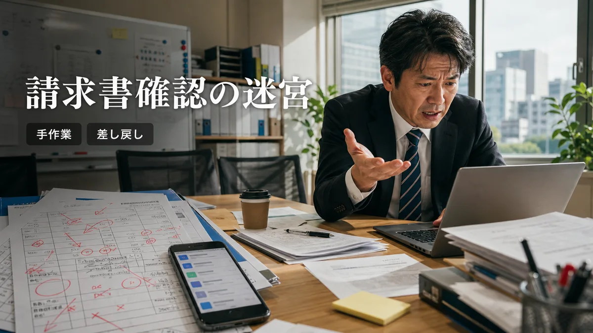 会議室で差し戻された請求書とパソコンの画面を前に悩む管理職