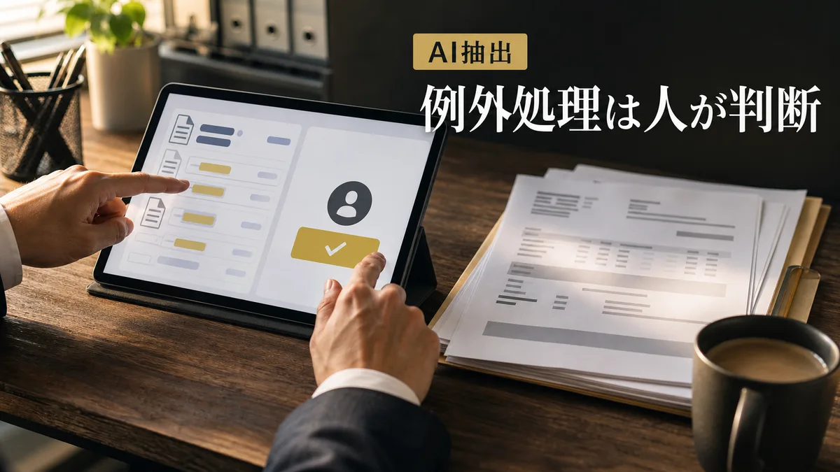 タブレットでAI of 自動照合結果を確認し、承認ボタンを押す手元