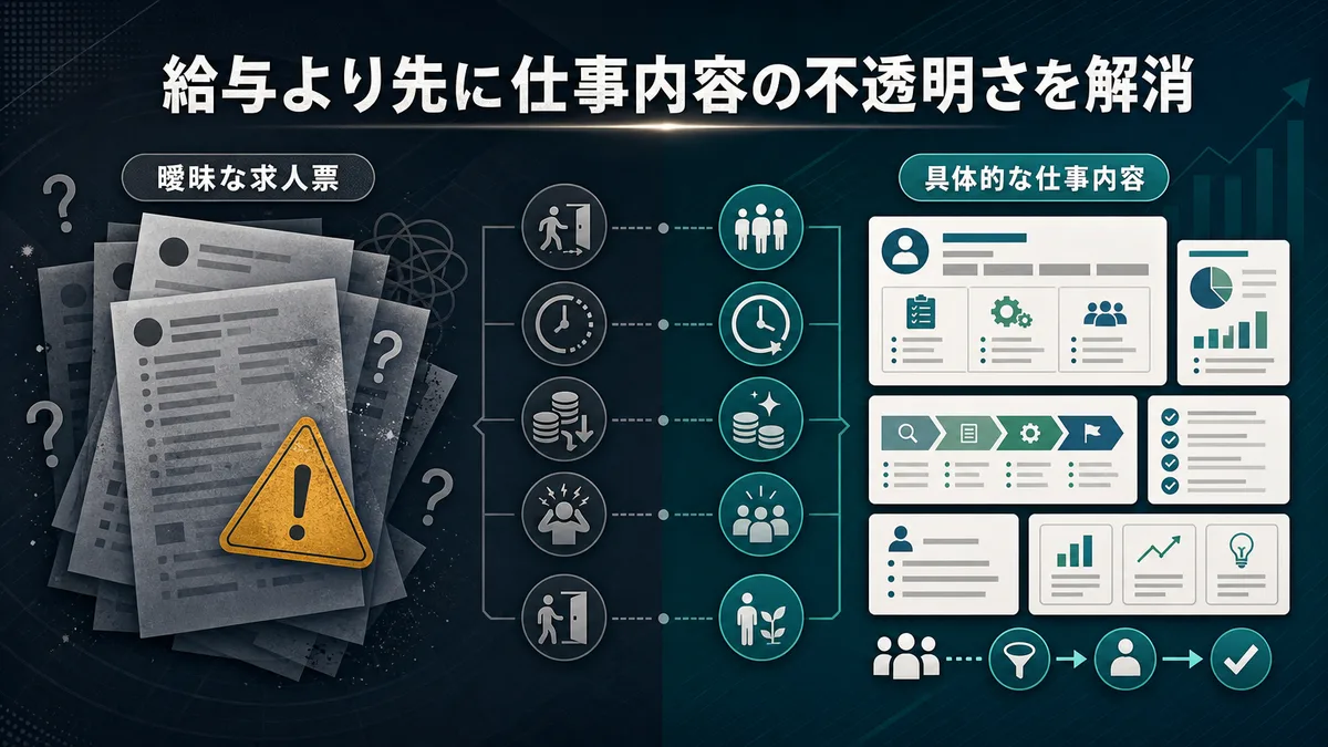 曖昧な仕事内容と具体的な仕事内容の比較を示す分析マップ