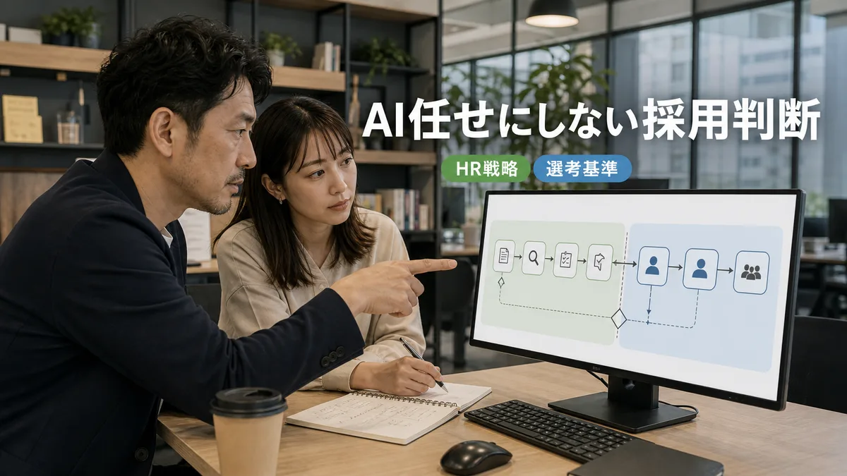 オフィスのPC画面を見ながらAIの活用範囲と人間の判断領域を話し合う人事担当者