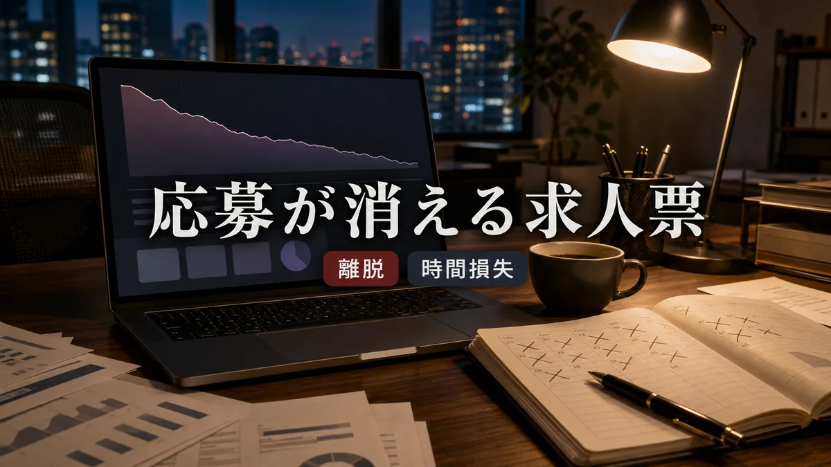 応募者減少のグラフが表示されたオフィスのノートパソコン画面