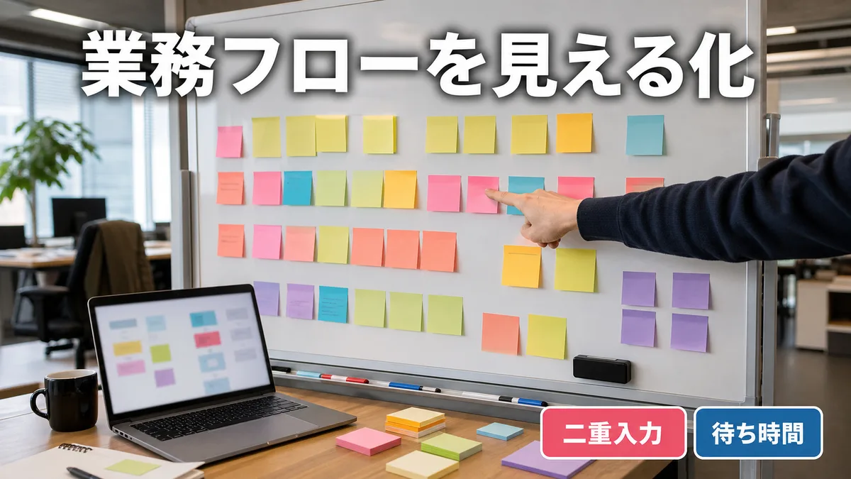 オフィスでホワイトボードの付箋を指さしながら、業務のボトルネックを洗い出している様子