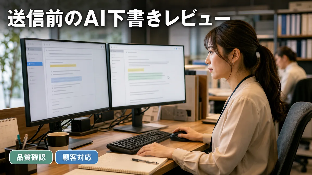 サポートデスクで、AIが作成した返信の下書きを人間が確認・編集している業務風景